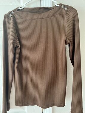 NWOT Loft Ribbed Long Sleeve Top with Button Detail - Brown